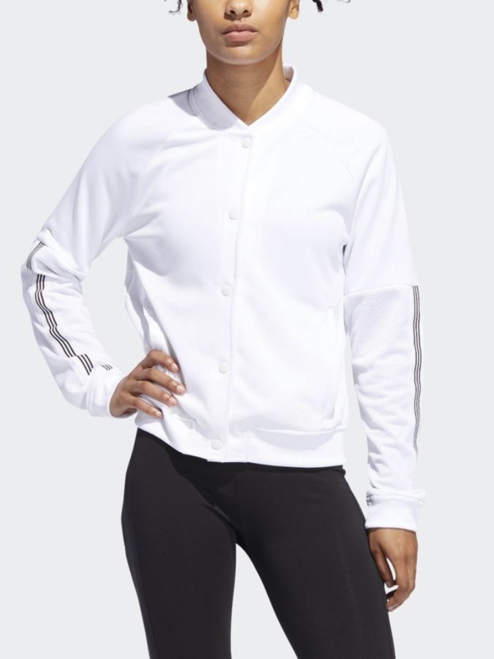 adidas White Women's Snap-Front Varsity Jacket with Mesh Sleeves
